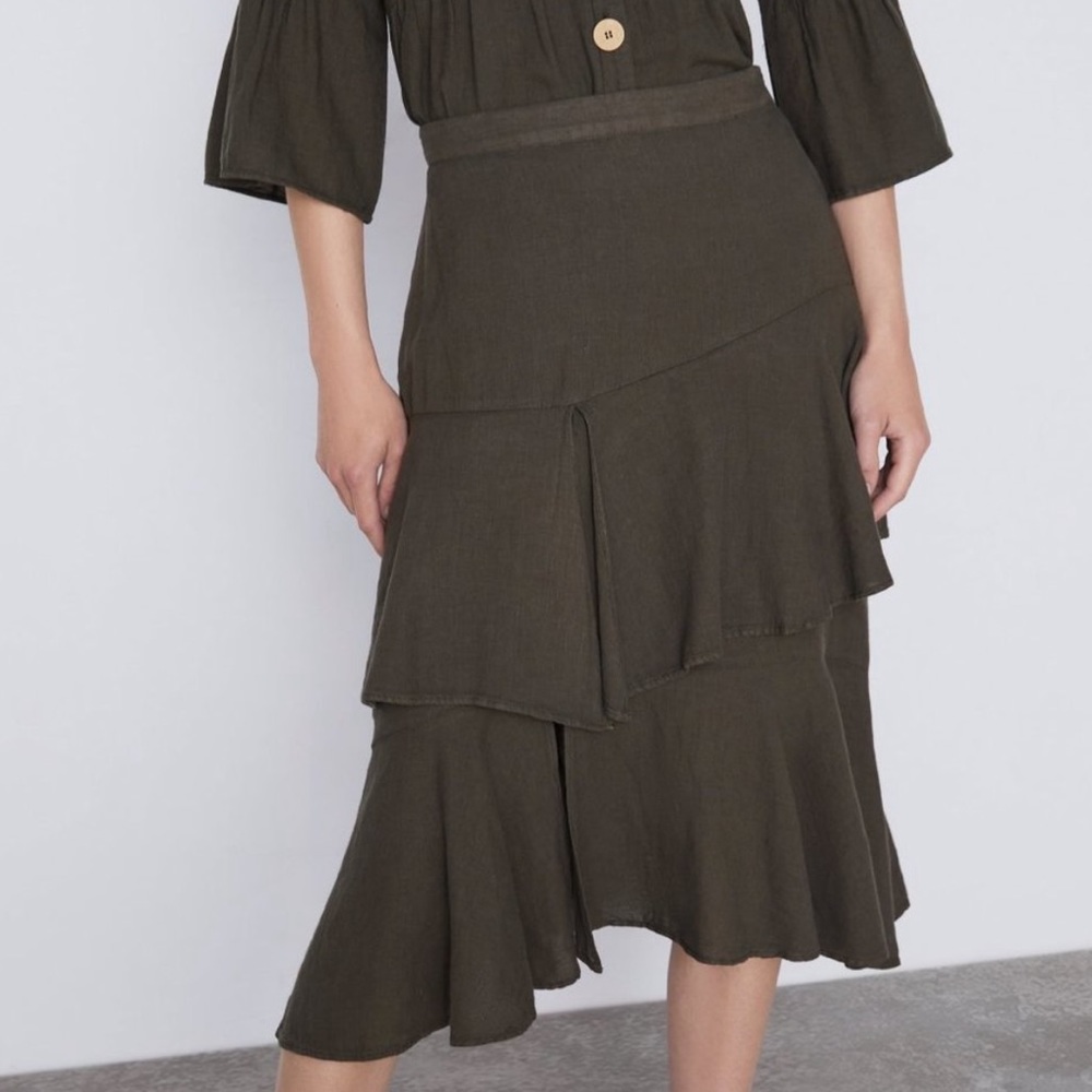 Zara Army Green Linen Ruffle Midi Skirt